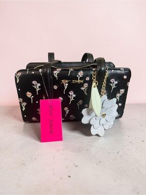 Betsey Johnson Black Floral Satchel with Flower Charm